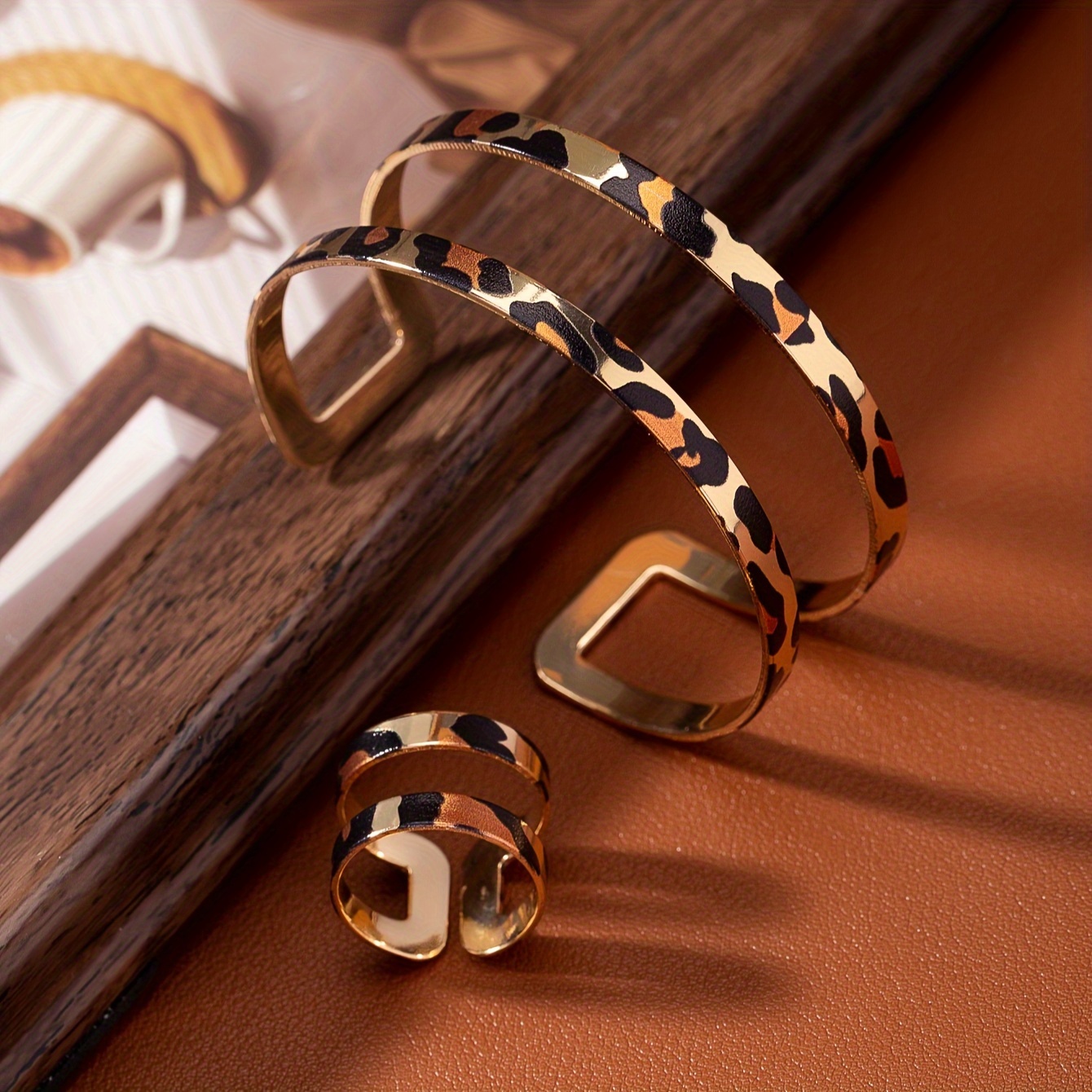 Boho Style Iron Cuff & Ring Set Leopard Pattern Cutout